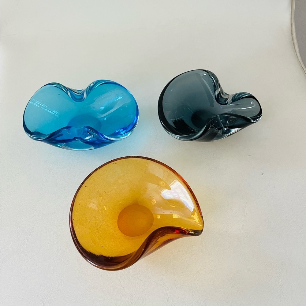 Set of Three Glass Bowls in Blue, Black, and Amber